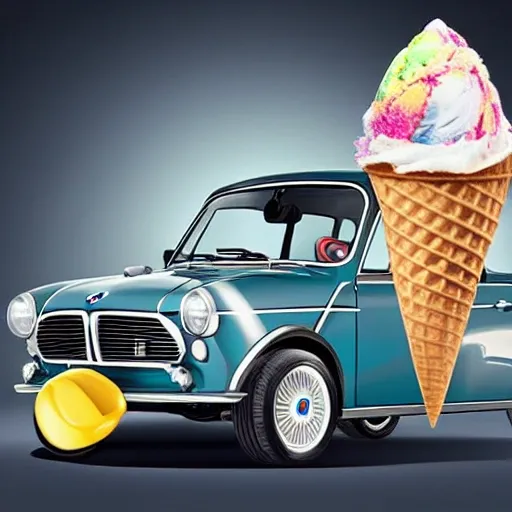 BMW mini car, ice cream cones, magic style, surrealism, Trippy