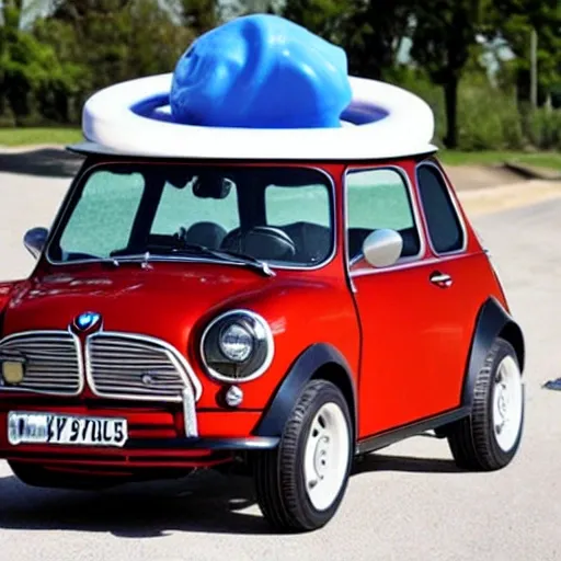 BMW mini car, half of the ice cream cone inserted into the body, Trippy