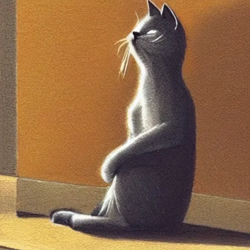 awesome art of a cat that is pensive and waiting for his pay, whole body