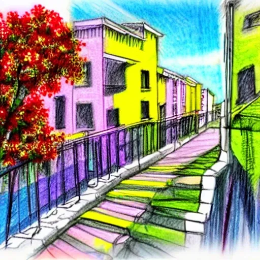 , Pencil Sketch A VILLAGE WITH COLORED HOUSES WITH BALCONIES FULL OF FLOWERS DIGITAL ART