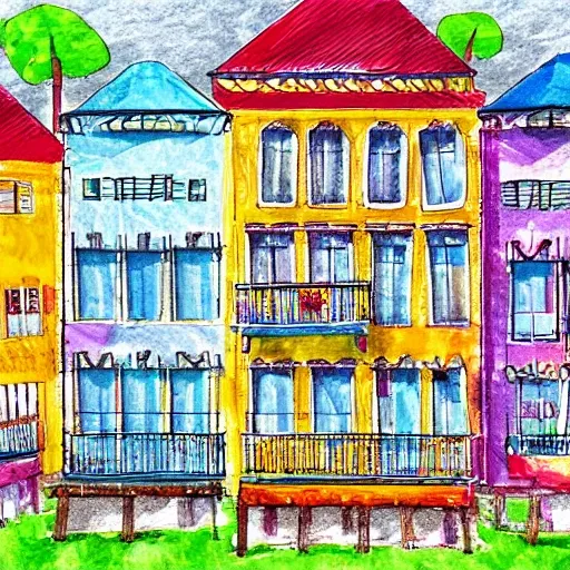 
 A VILLAGE WITH COLORED HOUSES WITH BALCONIES FULL OF FLOWERS DIGITAL ART, Water Color