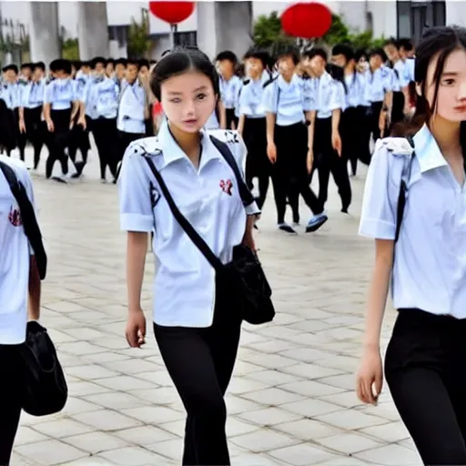 中国17岁校服女学生，上衣穿白色短袖运动校服，撩起上衣露出乳房