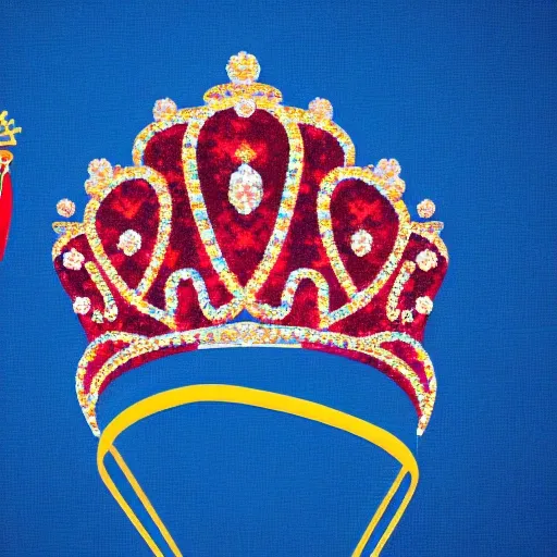 a realistic and beautiful illustration of a retro shiny miss venezuela crown on a red velvet cushion against a dark blue background, all illuminated by overhead lighting