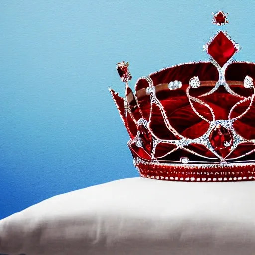 a realistic and beautiful illustration of a retro shiny miss venezuela crown on a red velvet cushion against a dark blue background, all illuminated by overhead lighting