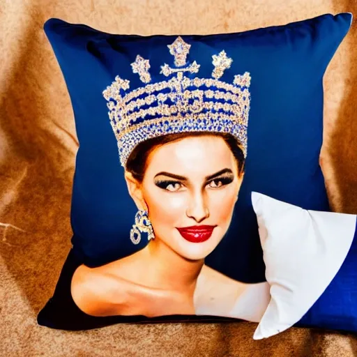 a realistic and beautiful illustration of a retro shiny miss venezuela crown on  cushion against a dark blue background, all illuminated by overhead lighting