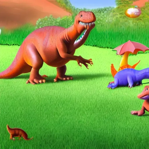 Dinosaurios bebes jugando en el campo , Cartoon, 3D