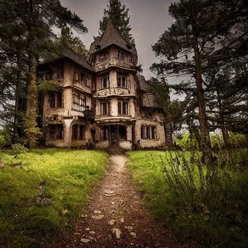 gorgeous medieval mansion in a fairytale forest cinematic landscape
