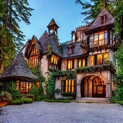 gorgeous medieval mansion in a fairytale forest  pixar style
  