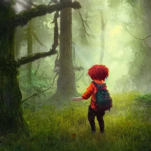 detailed painterly portrait of a red - haired explorer girl kid with a backpack and a map, in the deep tangled, mossy, misty forest, lit by sunbeams, by loish, unreal 5

  , Water Color