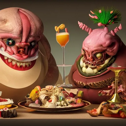 A figure of gluttony with  grotesque elements such as bloated forms and exaggerated feature surrounded by a feast of indulgent foods and drinks, perhaps with an overflowing goblet or a pile of sweets in hand. 3d render, octane render, cinema 4d, uhd 32k, concept art, masterpiece, intricate