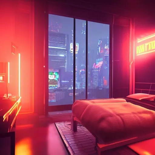 « inside a man room, cyberpunk vibe, neon glowing lights, sharp focus, photorealistic, unreal engine 5, girl in the bed, window that shows the skyscrapers in the background » 