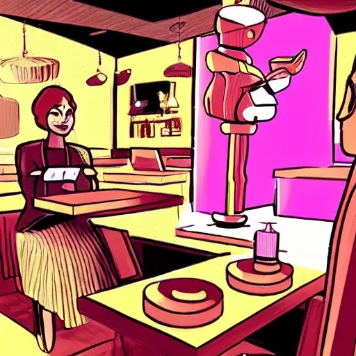 android talking to a cyborg in a restaurant
, Trippy, Cartoon