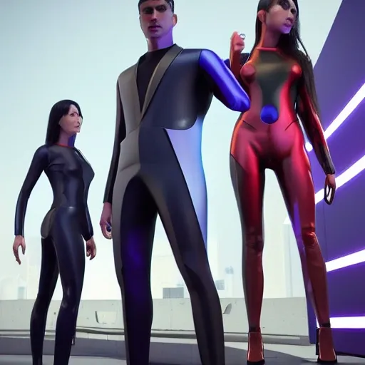 a futuristic IA humans; a american woman and a spanish man with enhanced abilities powered by advanced technology and artificial intelligence; in a sleek and modern suit with vibrant colors. Show the superhumans in a middle size; with futuristic technology in a modern urban tropical environment from a highly detailed panoramic view; smooth; sharp focus; octane render; 8k photografic ultrarealistic digital art