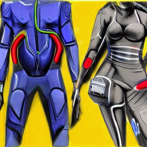 a futuristic IA humans; a american woman and a spanish man with enhanced abilities powered by advanced technology and artificial intelligence; in a sleek and modern suit with vibrant colors. Show the superhumans in a middle size; with futuristic technology in a modern urban tropical environment from a highly detailed panoramic view; smooth; sharp focus; Pencil Sketch