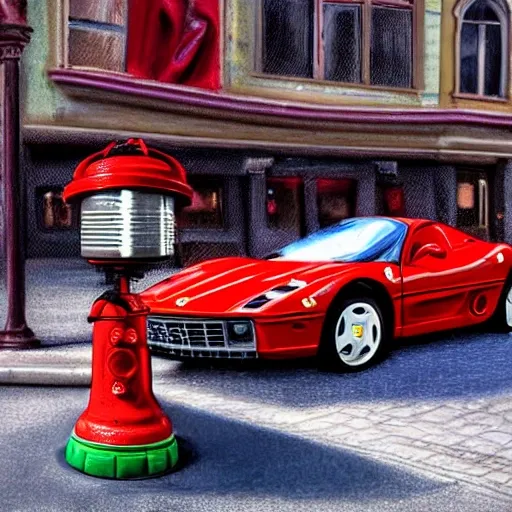High detailed hiper realistic photographic digital art with a dalmatian dog, sniffing a red water hydrant, on the green lawn as a red barchetta ferrari passes by on the street Hugh Symes  Rush artwork digital illustration sharp focus, elegant intricate digital painting artstation concept art global illumination ray tracing