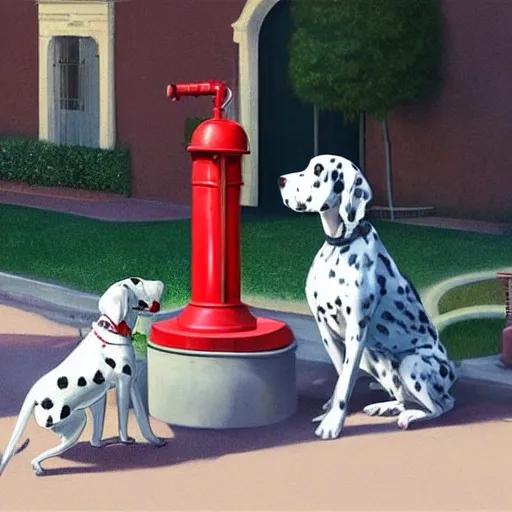  a dalmatian dog, sniffing a red water hydrant, on the green lawn as a red barchetta ferrari passes by on the street Hugh Symes  Rush artwork digital illustration sharp focus, elegant intricate digital painting artstation concept art global illumination ray tracing,, Oil Painting