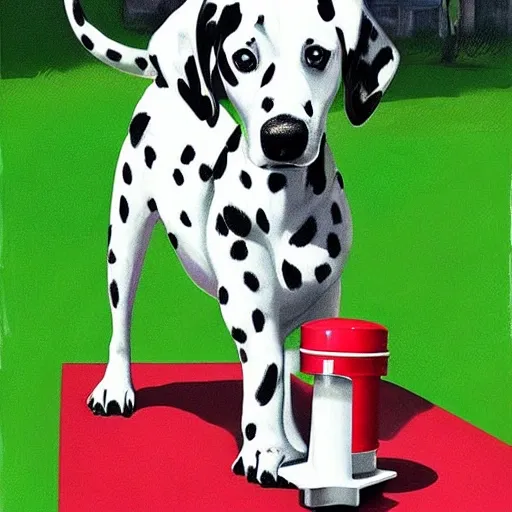 Hiper realistic High detailed well proportioned a dalmatian dog, sniffing a red water hydrant, on the green lawn as a red barchetta ferrari passes by on the street Hugh Symes  Rush artwork digital illustration sharp focus, elegant intricate digital painting artstation concept art global illumination ray tracing,, Oil Painting