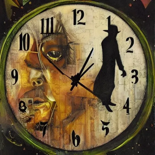 A dave McKean style Sandman, highly detailed, with a collage background with hourglass, watches and clocks broken, Oil Painting