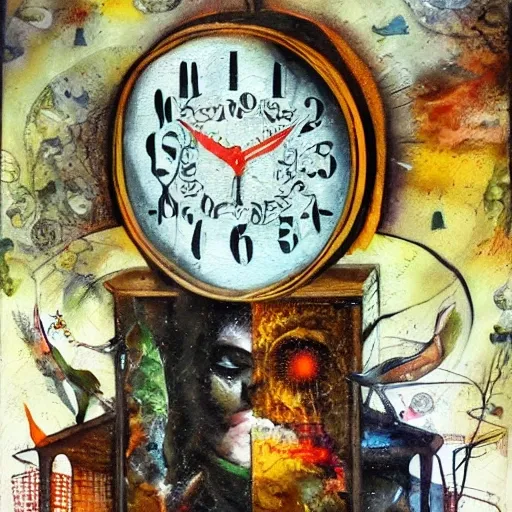 A dave McKean style Sandman, highly detailed, with a collage background with hourglass, watches and clocks broken, Oil Painting, Water Color