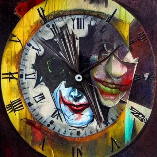 A dave McKean style Joker, highly detailed, with a collage background with hourglass, watches and clocks broken, Oil Painting, Water Color