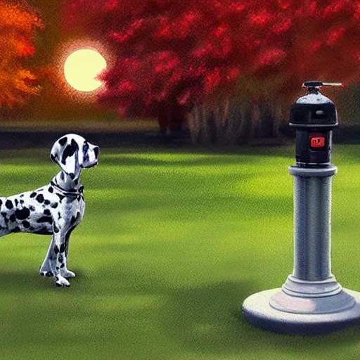 a perfectly proportioned dalmatian dog, sniffing a red water hydrant, on the green lawn in front of  Ontario s Legislature Toronto Canada, Hugh Symes,  Rush artwork, digital illustration, elegant intricate digital painting, artstation, concept art, 
autumn lighting nightime with moon in the sky, Water Color