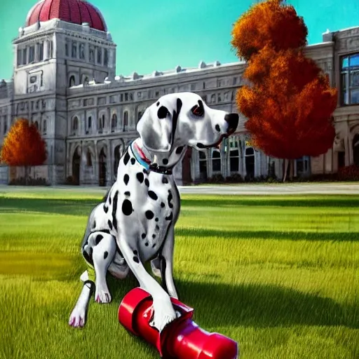 a perfectly proportioned dalmatian dog, sniffing a red water hydrant, on the green lawn in front of  Ontario s Legislature Toronto Canada, Hugh Symes,  Rush artwork, digital illustration, elegant intricate digital painting, artstation, concept art, 
autumn lighting nightime with moon in the sky, Water Color