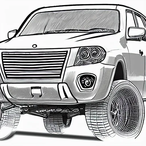  4x4 suv realistic vehicle, Pencil Sketch, Trippy, 3D, coloring pages for children, natural, no background, thick line
