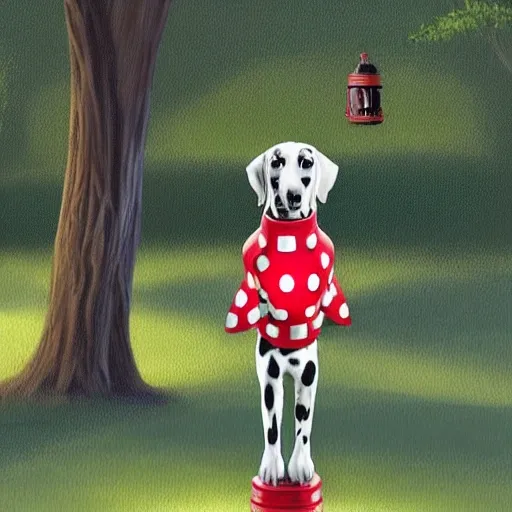 a perfectly proportioned dalmatian dog, sniffing a red water hydrant, on the green lawn in front of  Ontario s Legislature Toronto Canada, Hugh Symes,  Rush artwork, digital illustration, elegant intricate digital painting, artstation, concept art, 
autumn lighting nightime with moon in the sky, Oil Painting