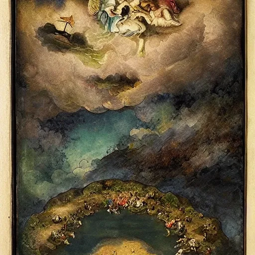 heaven and earth,  XVI century, dark background , 3D, Water Color