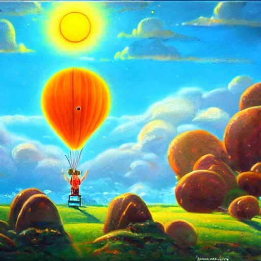 "Up" movie house between mercury and saturn with sun in the back, Oil Painting