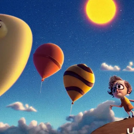 "Up" movie house, mercury and saturn, sun in the background.