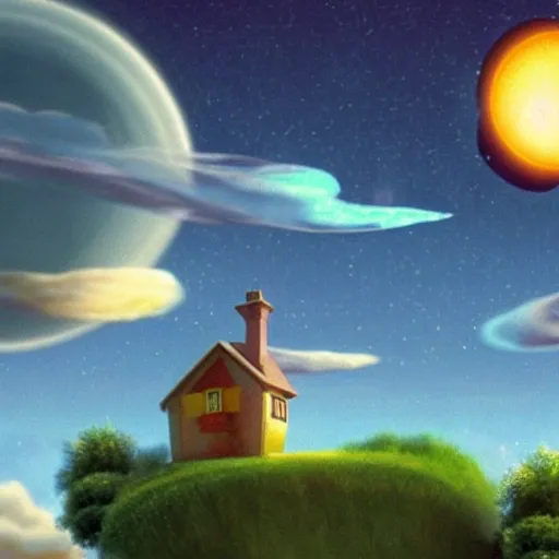 Up-movie's house, mercury and saturn, sun in the background, Trippy.