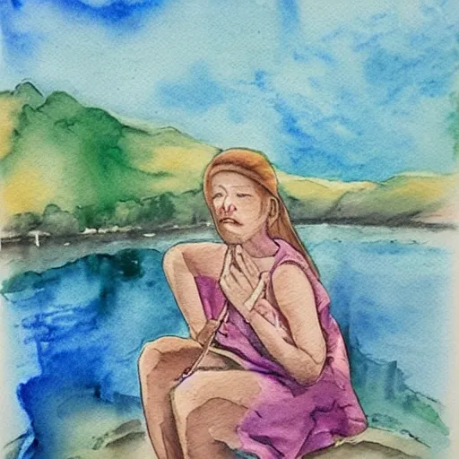 , woman, river ,Water Color