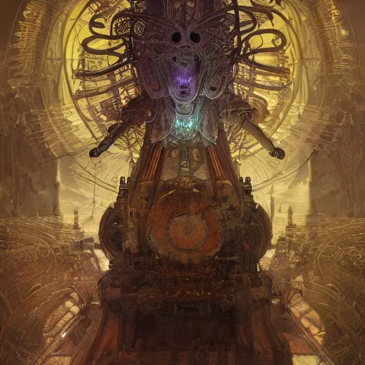a highly detailed digital image of an imagination machine, baphomet, concept art, artstation, cgsociety, very detailed, intricate, detailed illustration, by greg rutkowski and alphonse mucha, Paul Lehr and Beeple, iridescent accents, ray tracing, product lighting, sharp, smooth, masterpiece, dark ambient, HR Giger