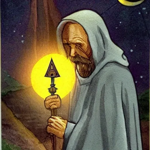 Arcane Tarot Card 9: The Hermit, in the picture you see an old man, covered in a gray cloak. It is on top of a mountain. In his right hand he has a lamppost on. Inside the street lamp, there is a 6-pointed star. In the left hand a staff., Oil Painting