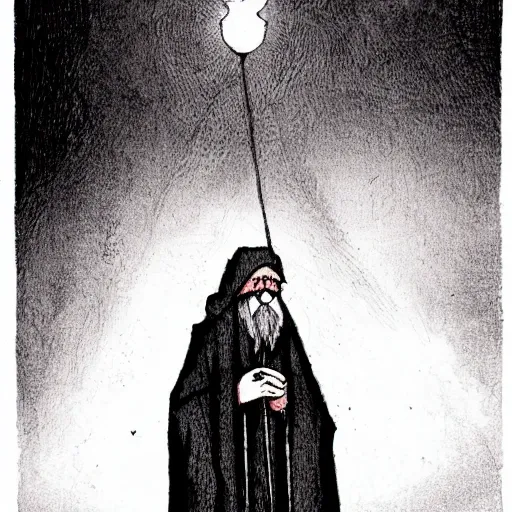 Arcane Tarot Card 9: The Hermit, in the picture you see an old man, covered in a gray cloak. It is on top of a mountain. In his right hand he has a lamppost on. Inside the street lamp, there is a 6-pointed star. In the left hand a staff., Oil Painting, Pencil Sketch