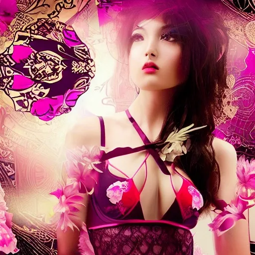 Design a visually stunning and captivating banner for an online lingerie store that combines mysterious, sexy, and secret elements with an Oriental touch. The banner should evoke a strong sense of sensuality, desire, and an unstoppable allure. Incorporate rich colors, subtle patterns, and elegant typography to create a sophisticated and enticing visual experience, Trippy