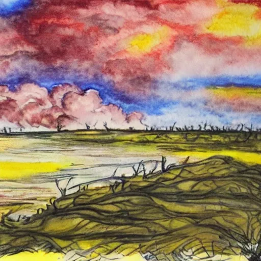 floodplain, Arnhem Land, storm, fantasy, ancestral warriors fighting with sticks, fire


, Water Color