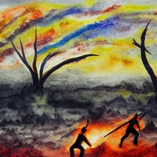 floodplain, Arnhem Land, storm, fantasy, ancestral warriors fighting with sticks, fire


, Water Color, 3D