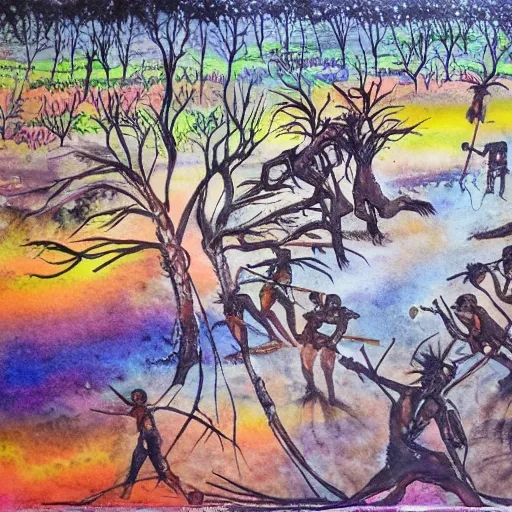 floodplain, Arnhem Land, storm, fantasy, ancestral warriors fighting with sticks, fire


, Water Color, 3D, Trippy