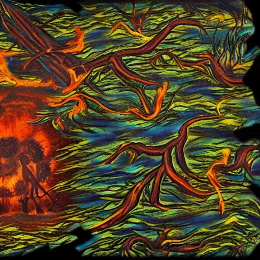 floodplain, Arnhem Land, storm, fantasy, ancestral warriors fighting with sticks, fire


3D, Trippy