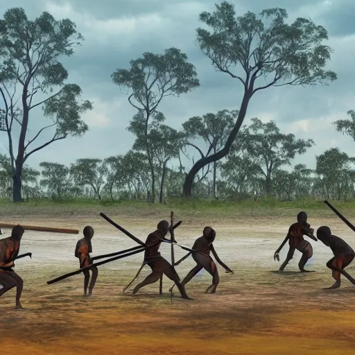 floodplain, Arnhem Land, storm, fantasy, ancestral warriors fighting with sticks, fire


, 3D