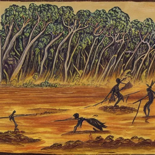 floodplain, Arnhem Land, storm, fantasy, ancestral warriors fighting with sticks, fire


, 3D