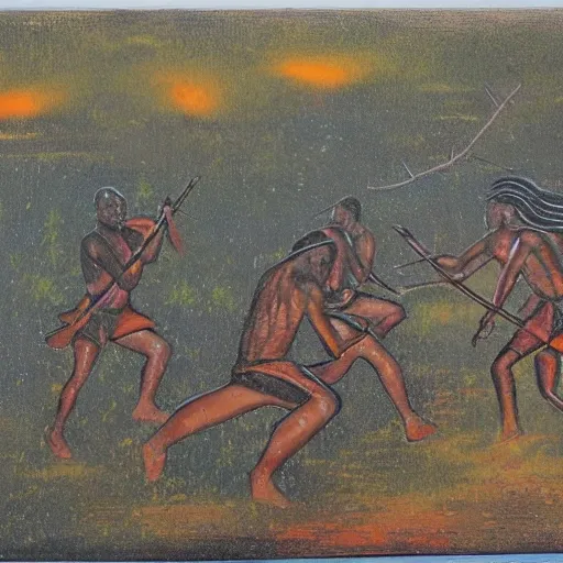 floodplain, Arnhem Land, storm, fantasy, ancestral warriors fighting with sticks, fire


, 3D