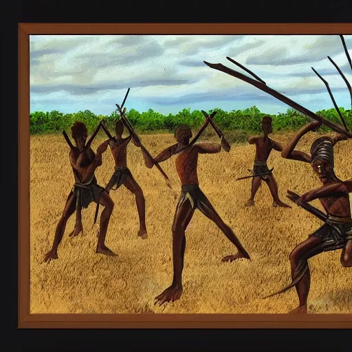 floodplain, Arnhem Land, storm, fantasy, ancestral warriors fighting with sticks, fire


, 3D