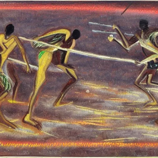 floodplain, Arnhem Land, storm, fantasy, Yolngu ancestral warriors fighting with sticks, fire


, 3D