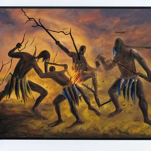 floodplain, Arnhem Land, storm, fantasy, Yolngu ancestral warriors fighting with sticks, fire


, 3D