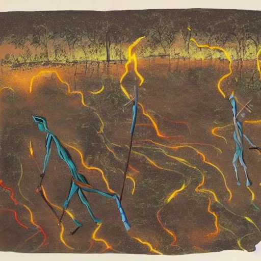 floodplain, Arnhem Land, storm, fantasy, Yolngu ancestral warriors fighting with sticks, fire


, 3D