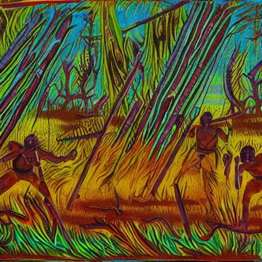 floodplain, Arnhem Land, storm, fantasy, Yolngu ancestral warriors fighting with sticks, fire


, 3D, Trippy