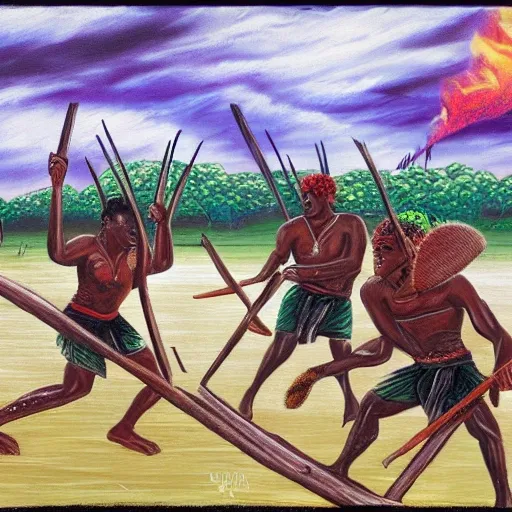 floodplain, Arnhem Land, storm, fantasy, Yolngu ancestral warriors fighting with sticks, fire


, 3D, Cartoon